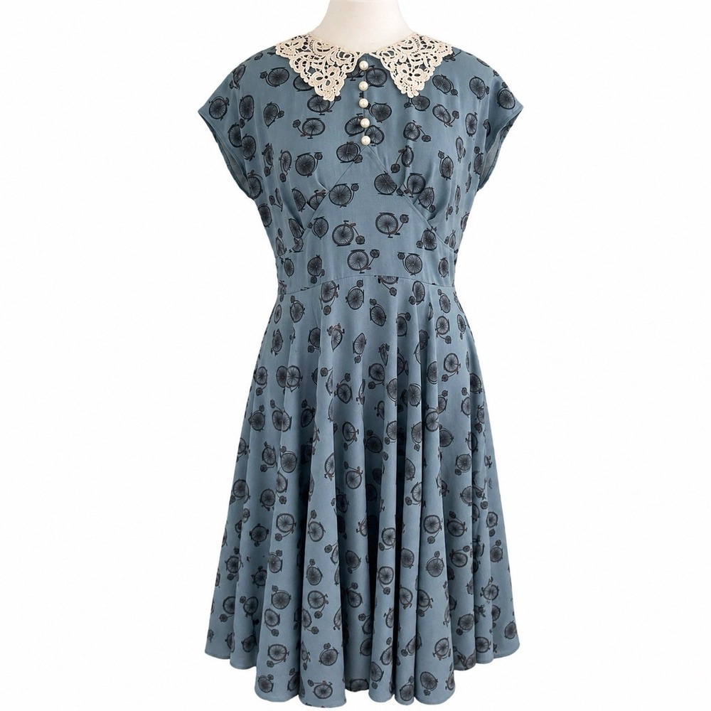Hell Bunny Vixen L Rockabilly Party Dress Blue Vintage Bicycle 50s Swing Pinup